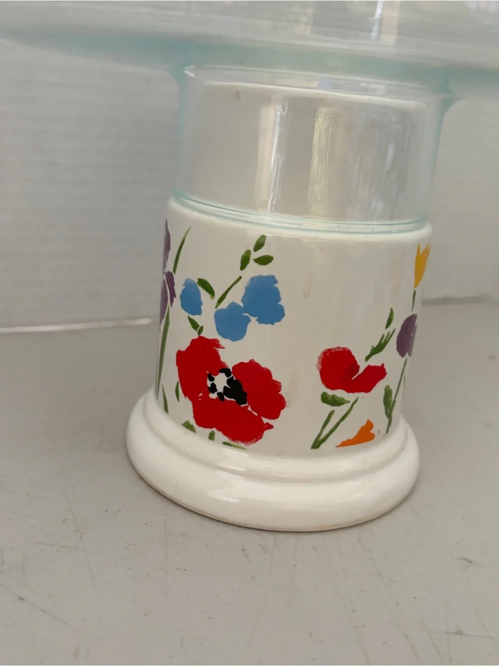 Hand-Painted Floral Ceramic Lantern with Clear Glass Shade - White